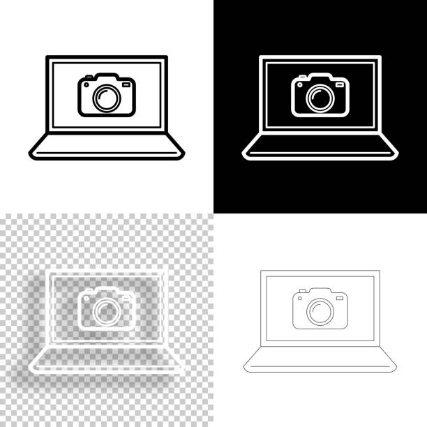 ilustrações de stock, clip art, desenhos animados e ícones de laptop with camera. icon for design. blank, white and black backgrounds - line icon - conference call flash