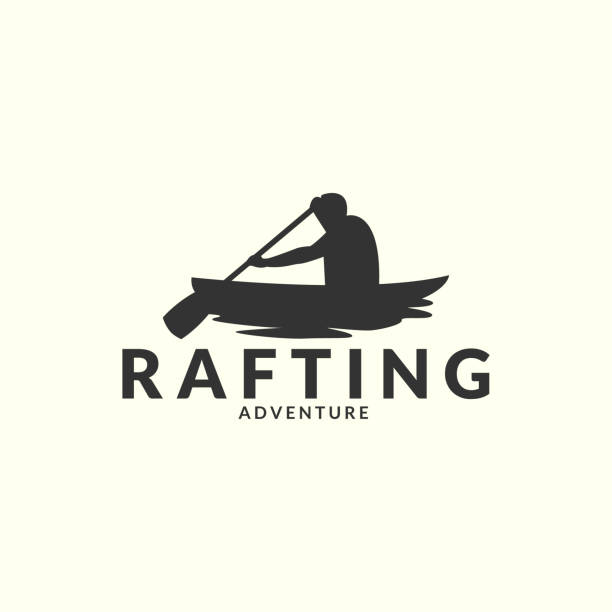 illustrations, cliparts, dessins animés et icônes de canoë de rafting avec conception de modèle de logo de style vintage. illustration vectorielle sport, eau, silhouette - wooden raft