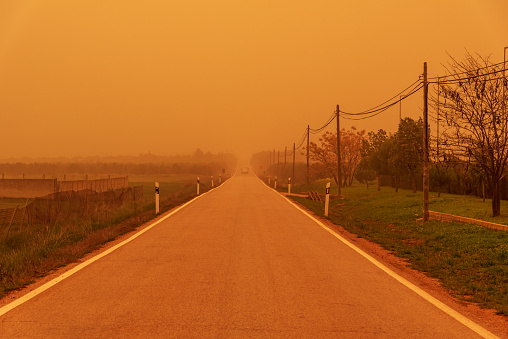 Recto en una carretera junto a unos postes de energía en un día con mucho polvo sahariano (calima) photo