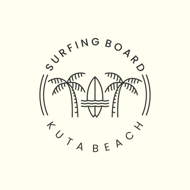 ilustrações, clipart, desenhos animados e ícones de prancha de surf com emblema e design de modelo de ícone de logotipo de estilo de arte de linha. kuta praia, palmeira, nuvem, mar, ilustração vetorial - kuta beach