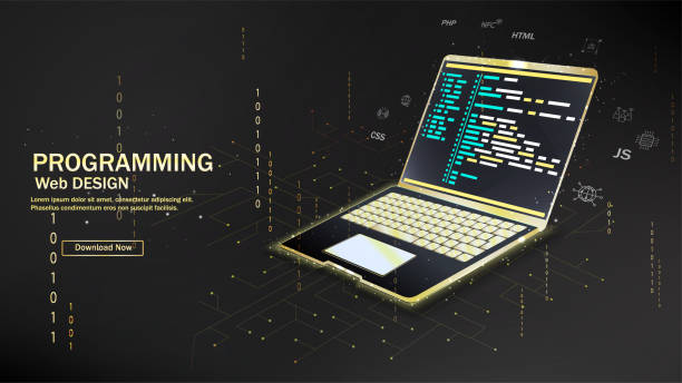 программное об�еспечение, веб-разработка, концепция программирования. абстрактный язык программирования и программный код на экране ноутб� - php stock illustrations