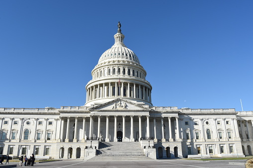 East side of the United States Capitol building, Washington, D. C. is seen on a clear day.