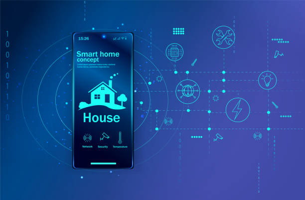 bildbanksillustrationer, clip art samt tecknat material och ikoner med smart home is a controlled smartphone. the technology of the home automation system. the house standing on the mobile phone screen. - security home