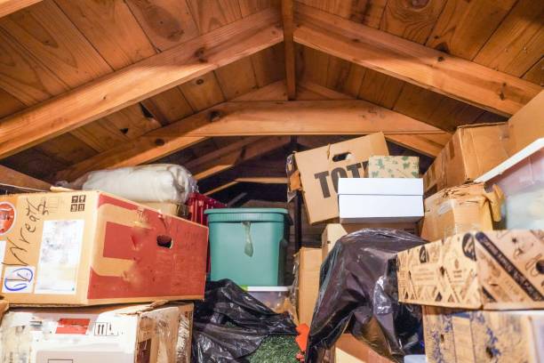 Attic, Loft, Crawl-Space A disorganized attic. loft, or crawl-space above the residential garage. full stock pictures, royalty-free photos & images