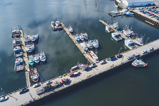 Aerial view of the small town wharf of Digby, Nova Scotia.