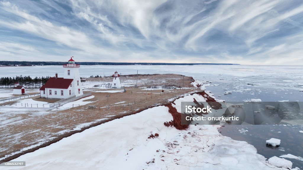 Wood Islands Lighthouse in winter Aerial drone photograph of Wood Islands Lighthouse in the winter with snow and blue cloudy skies on Prince Edward Island Winter Stock Photo Wood Islands Lighthouse in winter Aerial drone photograph of Wood Islands Lighthouse in the winter with snow and blue cloudy skies on Prince Edward Island Winter Stock Photo