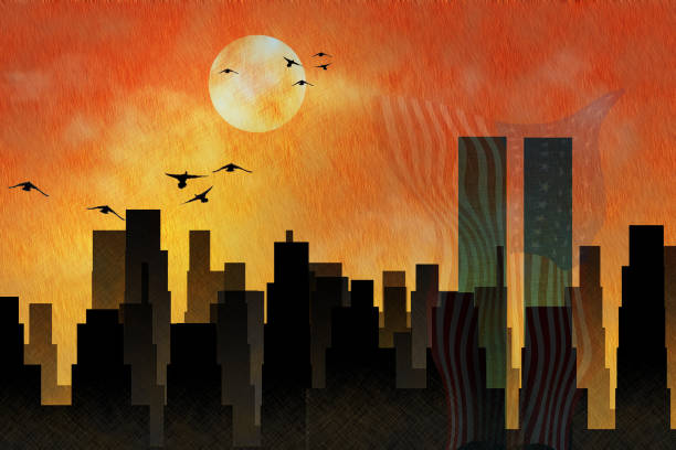 istock Abstract city silhouettes. Twins towers 1386533576