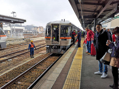 1 april 2019 - Takayama, Japan: JR Takayama line local train - classic vintage train at Japan train station
