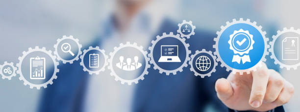 istock Certification and standardization process, iso certified business, conformity to international standards and quality assurance concept. Person touching certificate icon. 1386533717