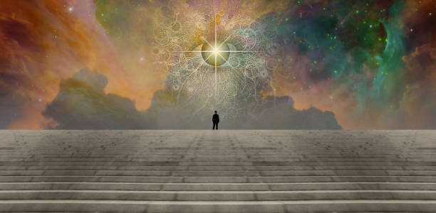 Man on steps under surreal sky with colorful nebula Man on steps under surreal sky with colorful nebula. 3D rendering human eye nebula star space stock pictures, royalty-free photos & images