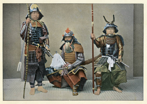 Vintage colourised illustration after a photograph of Samurai warriors in armour, Bow arrow, Sword, Spear, Victorian 19th Century