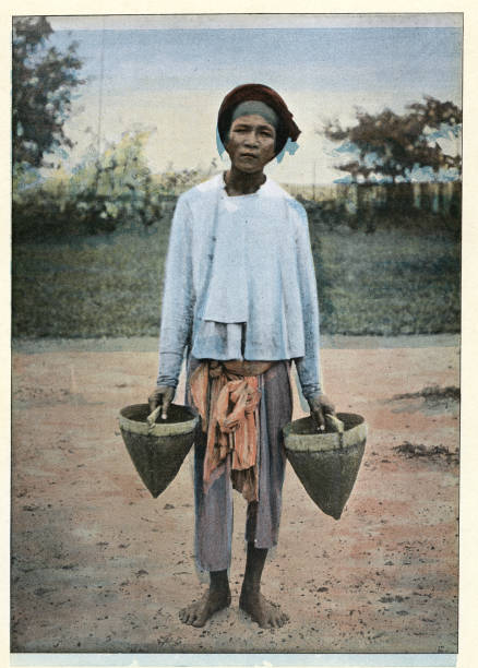 Vintage colourised illustration after a photograph of native man of Annam (Vietnam), Victorian 19th Century
