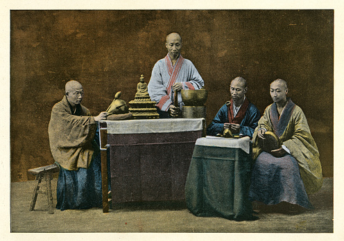 Vintage colourised illustration after a photograph of Group of Chinese Buddhist priests, monks, Victorian 19th Century