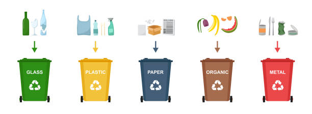 set von mülltonnen für das recycling verschiedener abfallarten. sortieren und recyceln von abfällen. vektor-illustration - recycling newspaper paper bottle stock-grafiken, -clipart, -cartoons und -symbole