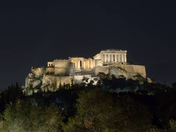 파르테논 앳 나이트, 아크로폴리스, 아테네 - antiquities acropolis athens greece greece 뉴스 사진 이미지