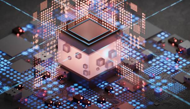 istock Electronic circuit board close up, computer chip, mother board with neon lights, 3D rendering illustration. 1386554502