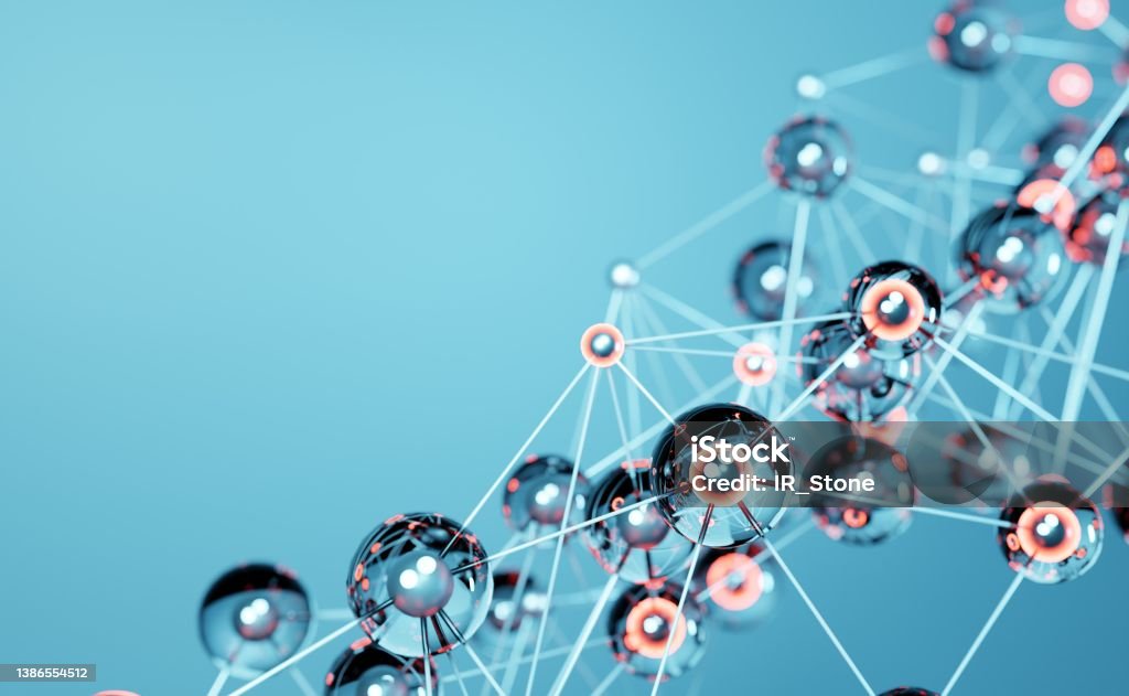 Abstract background, DNI, Molecular structure, chain visualisation background. Pharmaceutical biochemistry, medical technology.  3D rendering illustration with space for info or text Chain - Object Stock Photo