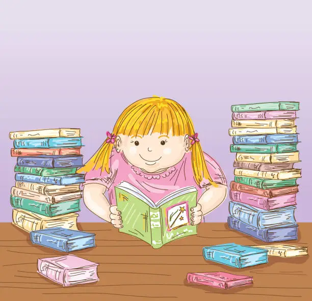 Vector illustration of Young Girl Reading a Stack of Books