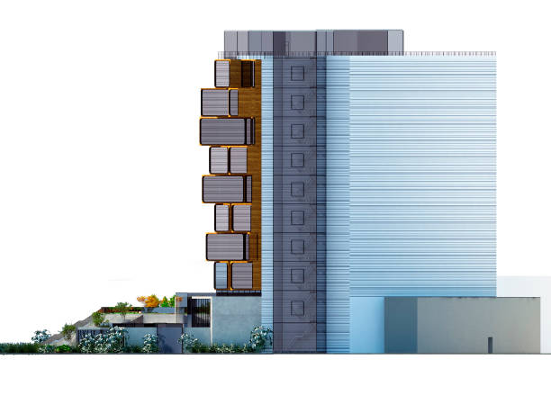 istock 3d render. Conceptual architectural project of the hotel in the style of deconstructivism 1386567120