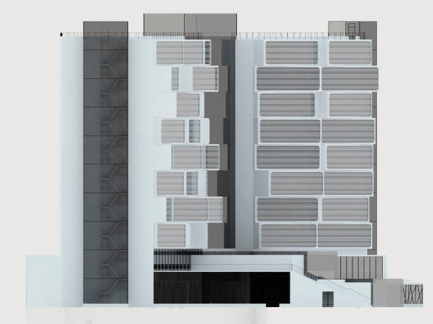 istock 3d render. Conceptual architectural project of the hotel in the style of deconstructivism 1386567123