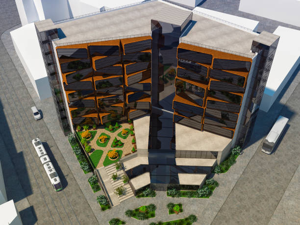 istock 3d render. Conceptual architectural project of the hotel in the style of deconstructivism 1386567124