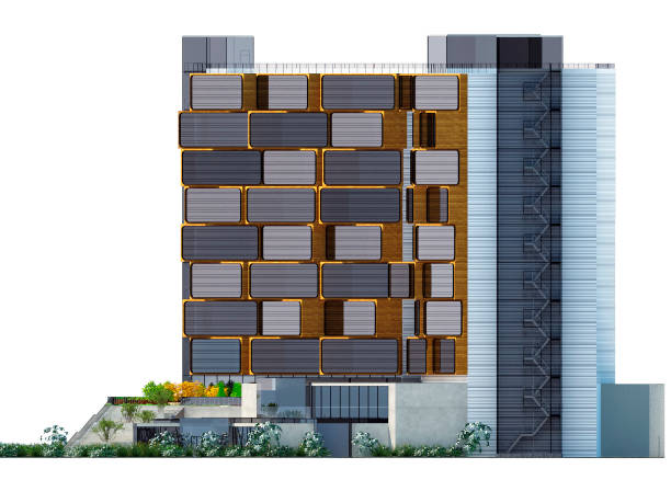 istock 3d render. Conceptual architectural project of the hotel in the style of deconstructivism 1386567126