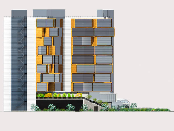 istock 3d render. Conceptual architectural project of the hotel in the style of deconstructivism 1386567128