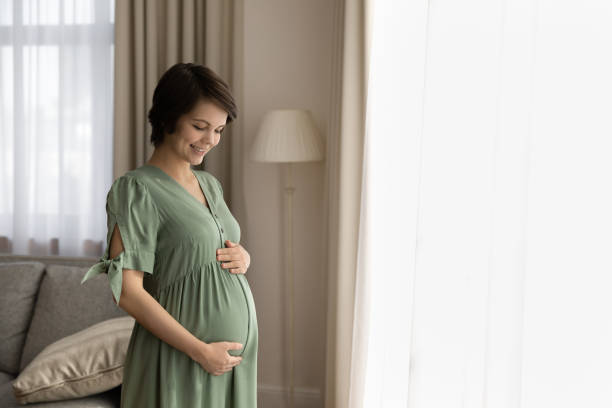 istock Loving expectant mother stand by window caressing baby bump 1386572038