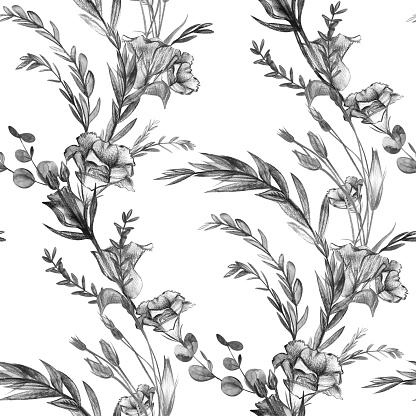 Seamless botanical pattern with graceful black and white eustoma flowers in vintage style for summer girlish textiles and surface designs