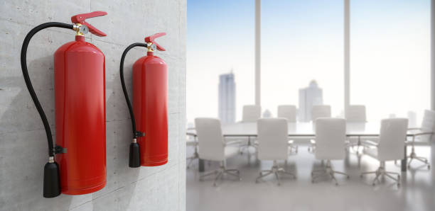 사무실 벽에 매달려 있는 소화기 - fire extinguisher office safety protection 뉴스 사진 이미지