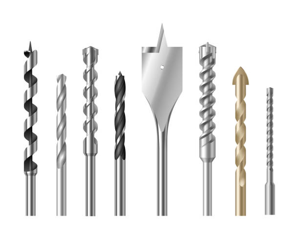 Drill bits set of steel or metal with different twist shapes. Collection of professional nozzles Drill bits set of steel or metal with different twist shapes. Collection of realistic professional nozzles for drill hammer or screwdriver isolated on white background. Vector illustration drill bit stock illustrations