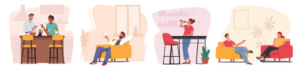 ilustrações, clipart, desenhos animados e ícones de pessoas bebendo vinho, celebrando festa em casa ou namoro. casal personagens masculinos e femininos segurando taças de vinho - casal de meia idade