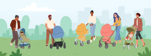 родители гуляют с младенцами в колясках в летнем городском парке. концепция материнства и отцовства. прогулка молодых мам и пап - mother baby carriage women walking stock illustrations