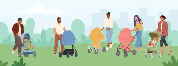 Vector illustration of Parents Walk with Babies in Strollers at Summer City Park. Maternity and Paternity Concept. Young Moms and Dads Walk