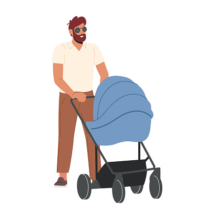 Young Dad and Little Baby in Stroller Walk Together. Dad on Maternity Leave, Single Father, Man Walking With Carriage