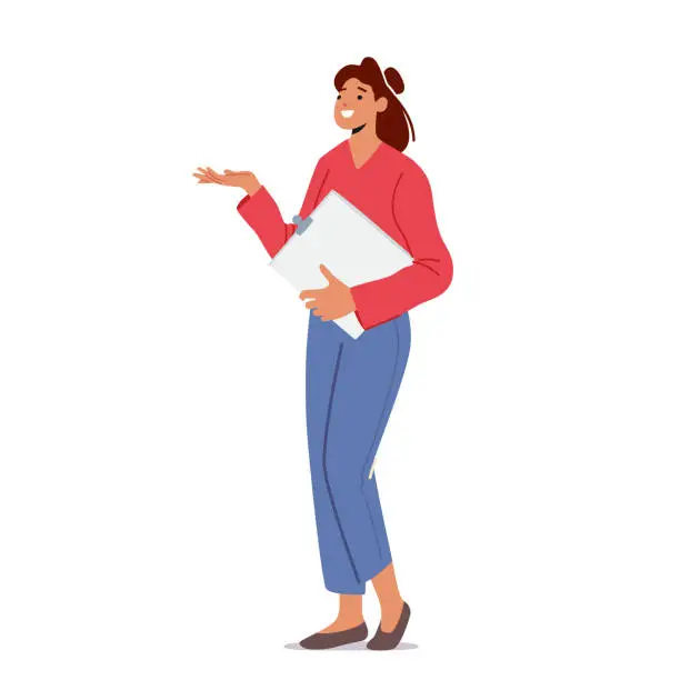 Vector illustration of Full Length Female Character Business Presentation or Report. Beautiful Business Woman with Clipboard in Hand Pointing