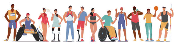 ilustraciones, imágenes clip art, dibujos animados e iconos de stock de conjunto de deportistas personajes en uniforme, atletas paralímpicos y sanos, hombres o mujeres jóvenes de pie en fila - wheelchair tennis physical impairment athlete