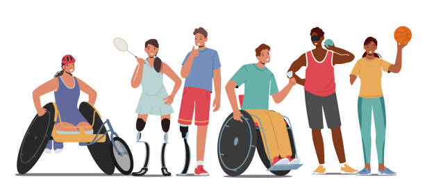 ilustraciones, imágenes clip art, dibujos animados e iconos de stock de conjunto de atletas paralímpicos, deportistas discapacitados y deportistas personajes en silla de ruedas, prótesis de pierna biónica - wheelchair tennis physical impairment athlete