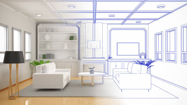 istock Living room interior renovate with blueprint 1386579484