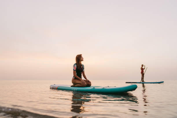 여자 친구 스탠드 업 패들 함께 - surfing paddling surfboard sunset 뉴스 사진 이미지