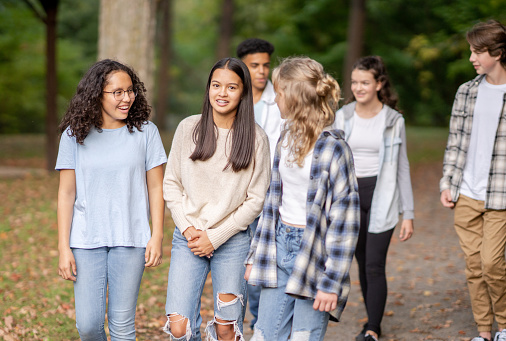 A small group of teenagers walk casually outside on a fall day together as they laugh and talk amongst themselves. They are each dressed casually in warm layers and enjoying hanging out together.