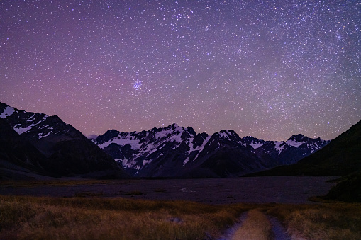 Milky Way and starry night sky over Mt Cook Range, National Park, South Island, New Zealand.