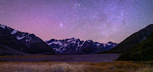 Milky Way and starry night sky over Mt Cook Range, National Park, South Island, New Zealand.