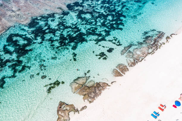 istock Beach scene from above - blue ocean waves hitting a sandy beach. 1386585087
