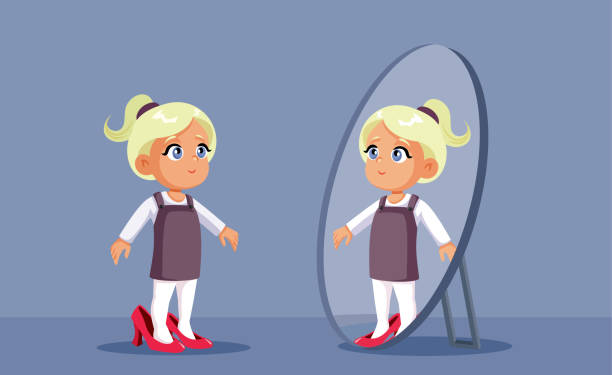 Toddler Girl Trying on High Heels Shoes Vector Cartoon Illustration Daughter wearing pumps admiring herself in the mirror dreaming about growing up big feet cartoon stock illustrations