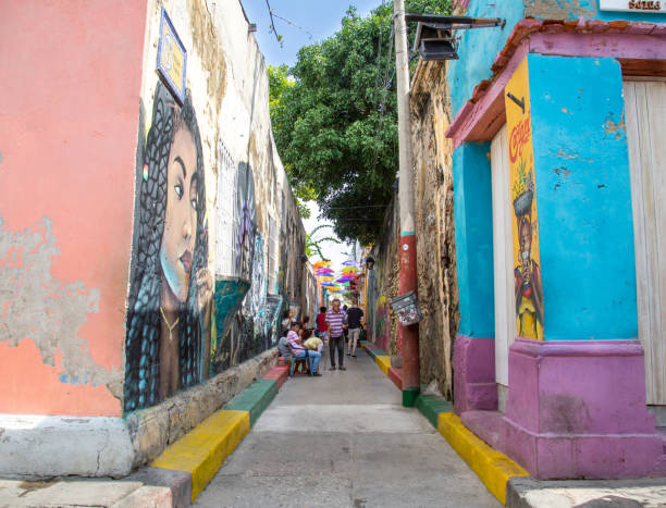 Cartagena, Colombia - December 12, 2021: City life along the colonial streets of Centro
