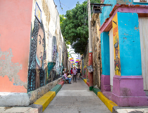Cartagena, Colombia - December 12, 2021: City life along the colonial streets of Centro