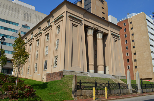 Richmond, VA, USA - October 29, 2014: The 19th-century Egyptian Building, designed by Thomas Somerville Stewart, which is part of the Virginia Commonwealth University (VCU) School of Medicine.