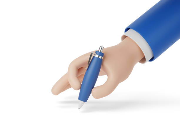 Cartoon hand with pen isolated on white background. 3d illustration.