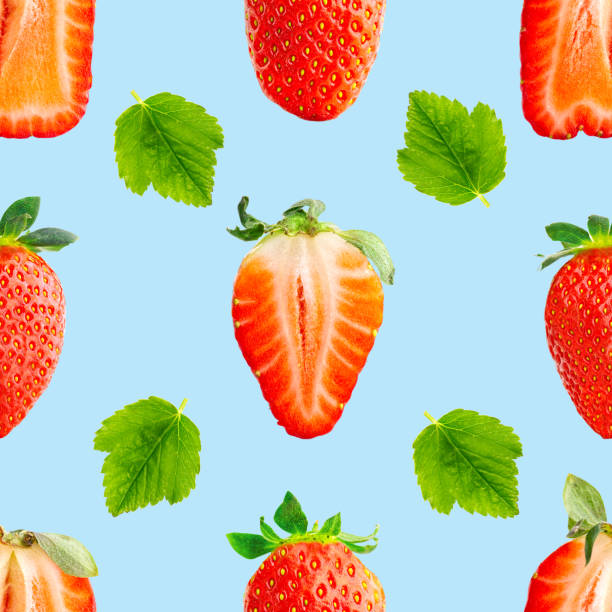 istock Strawberry seamless pattern. Ripe strawberries isolated on blue. package design background. 1386595399